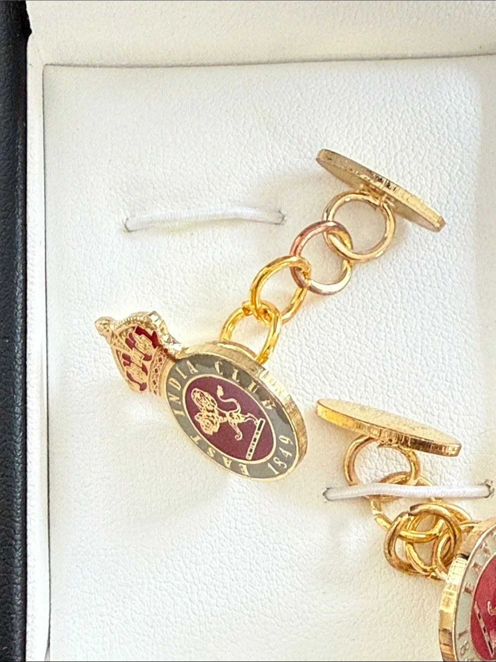East India Club Gold-Tone Red Enamel Royal Crest Cufflinks